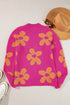 Crew Neck Large Floral Print Pullover Sweater