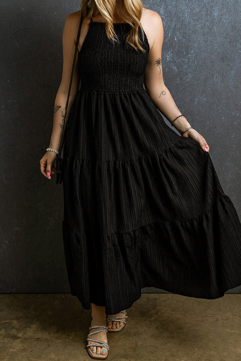 Crinkle Texture Smocked Bodice Tiered Maxi Dress