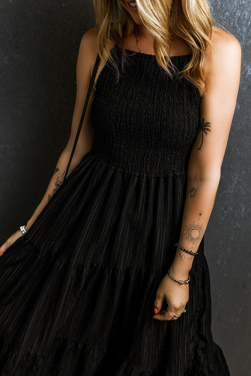 Crinkle Texture Smocked Bodice Tiered Maxi Dress