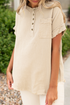Crinkle Textured Frayed Trim Button Front Cotton Top