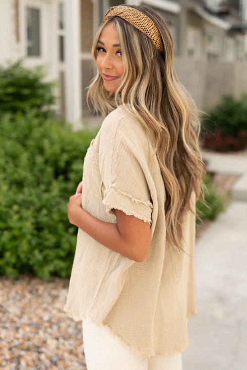 Crinkle Textured Frayed Trim Button Front Cotton Top