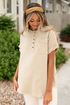Crinkle Textured Frayed Trim Button Front Cotton Top