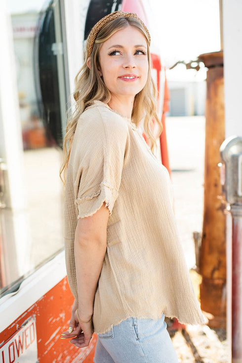 Crinkle Textured Frayed Trim Button Front Cotton Top