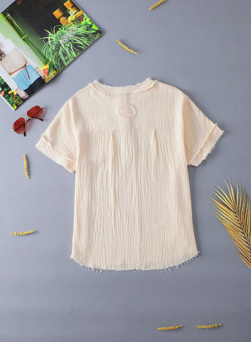 Crinkle Textured Frayed Trim Button Front Cotton Top