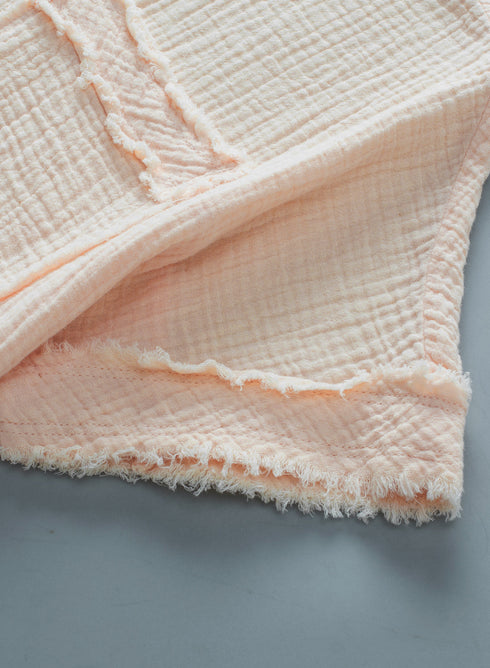Crinkle Textured Frayed Trim Button Front Cotton Top