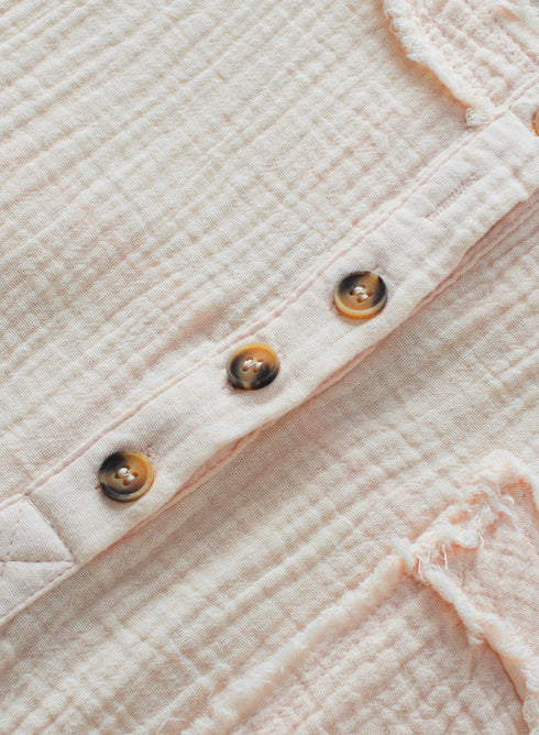 Crinkle Textured Frayed Trim Button Front Cotton Top