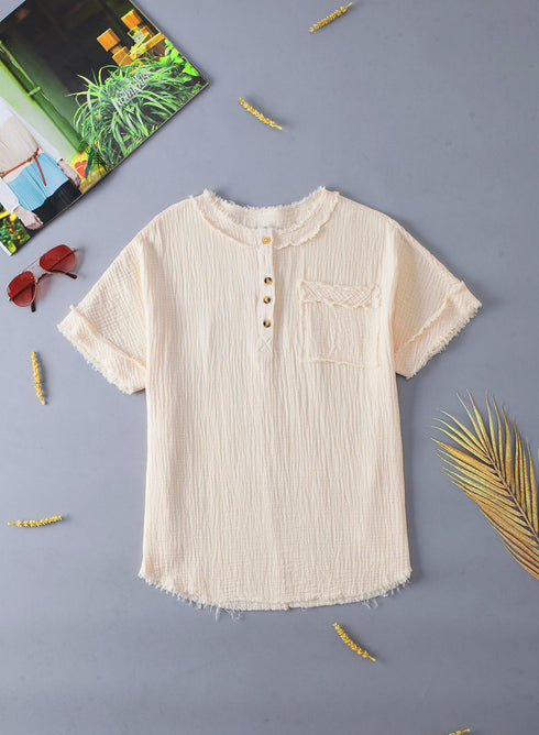 Crinkle Textured Frayed Trim Button Front Cotton Top