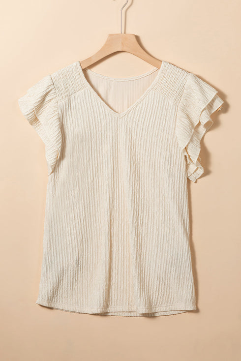 Crinkle Textured V Neck Flutter Sleeve Relaxed Top