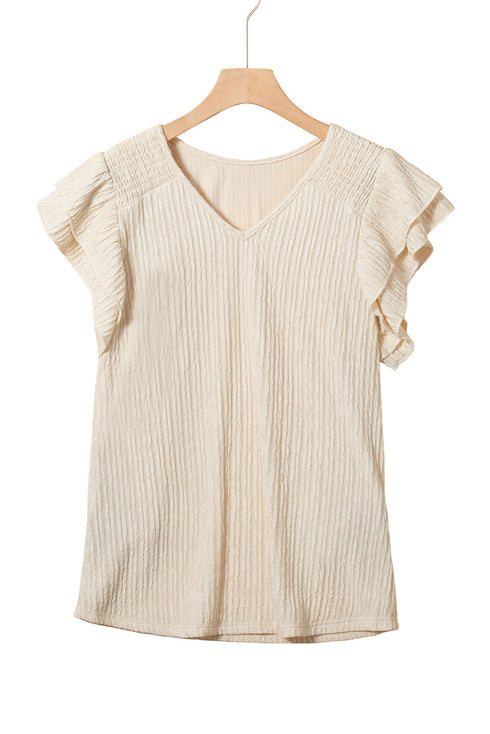 Crinkle Textured V Neck Flutter Sleeve Relaxed Top