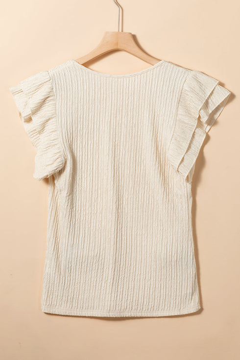 Crinkle Textured V Neck Flutter Sleeve Relaxed Top