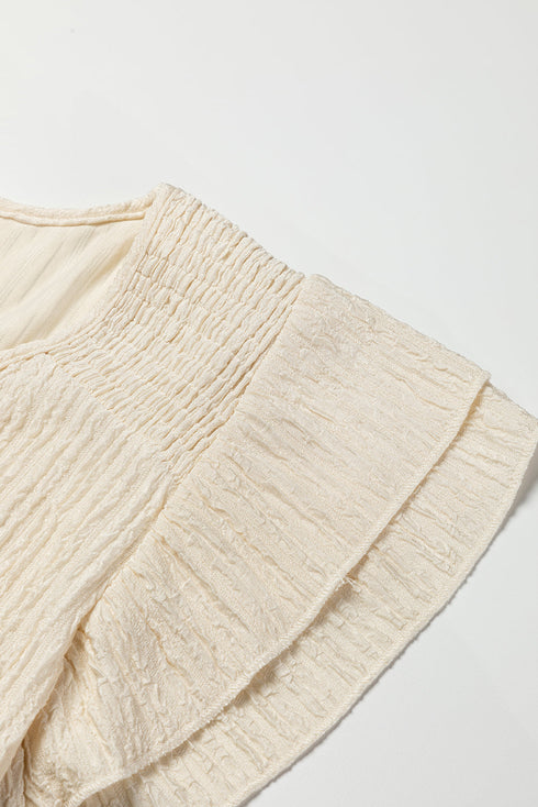 Crinkle Textured V Neck Flutter Sleeve Relaxed Top