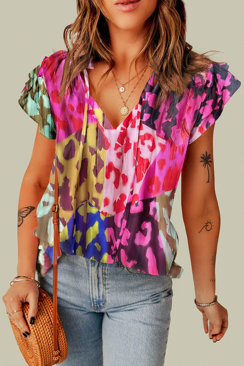 Crinkled Animal Print Flutter Sleeve V Neck Blouse