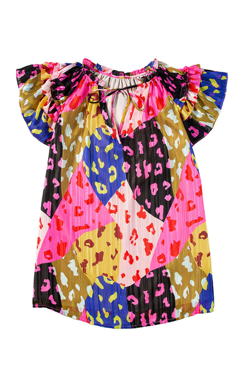 Crinkled Animal Print Flutter Sleeve V Neck Blouse