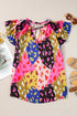Crinkled Animal Print Flutter Sleeve V Neck Blouse