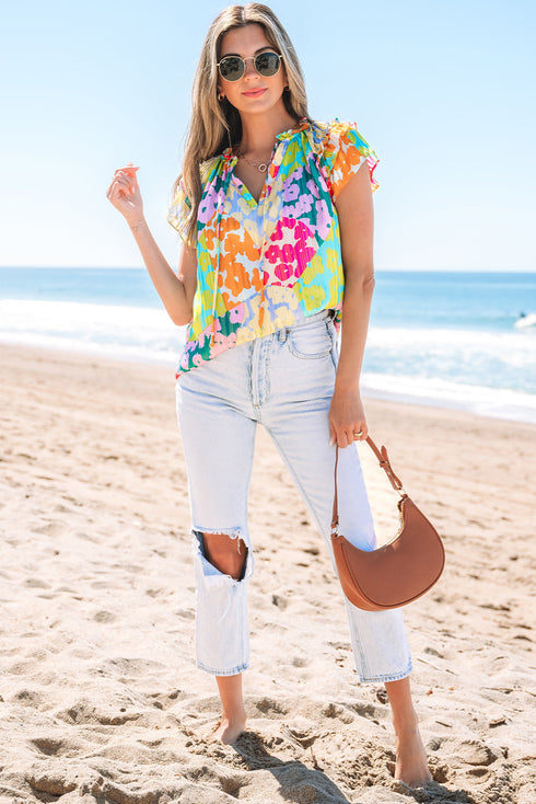 Crinkled Animal Print Flutter Sleeve V Neck Blouse