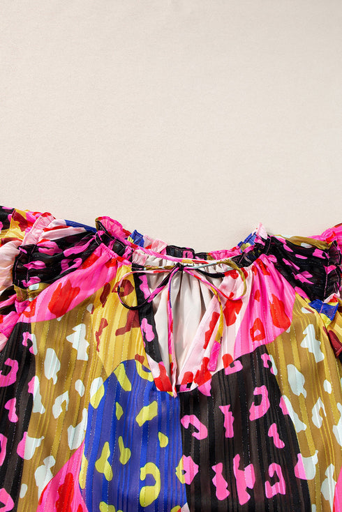 Crinkled Animal Print Flutter Sleeve V Neck Blouse