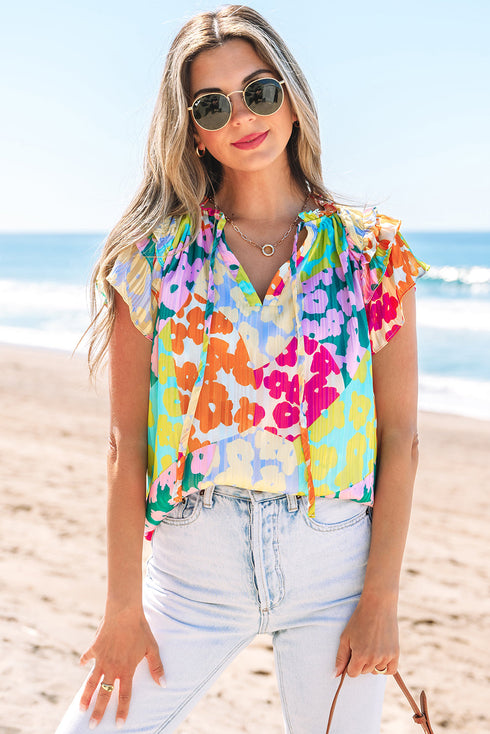 Crinkled Animal Print Flutter Sleeve V Neck Blouse