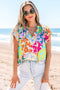 Crinkled Animal Print Flutter Sleeve V Neck Blouse