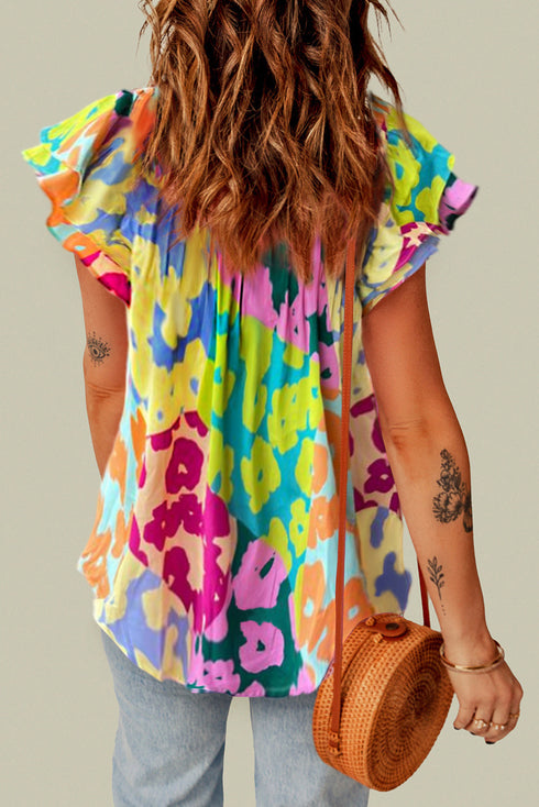 Crinkled Animal Print Flutter Sleeve V Neck Blouse