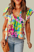 Crinkled Animal Print Flutter Sleeve V Neck Blouse
