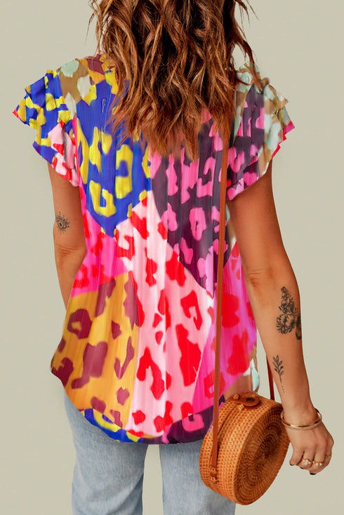 Crinkled Animal Print Flutter Sleeve V Neck Blouse