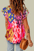 Crinkled Animal Print Flutter Sleeve V Neck Blouse