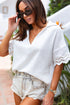 Crinkled Cotton Lace Splicing Collared V Neck Blouse