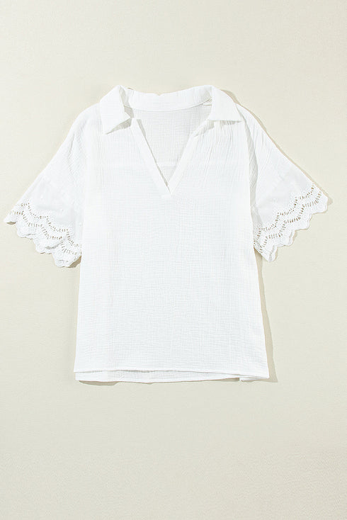 Crinkled Cotton Lace Splicing Collared V Neck Blouse