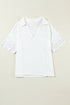 Crinkled Cotton Lace Splicing Collared V Neck Blouse