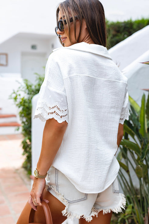 Crinkled Cotton Lace Splicing Collared V Neck Blouse