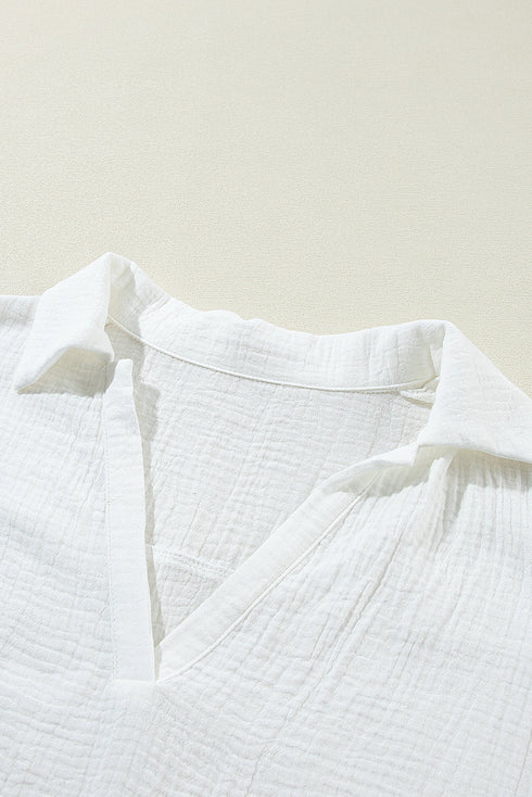 Crinkled Cotton Lace Splicing Collared V Neck Blouse