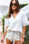Crinkled Cotton Lace Splicing Collared V Neck Blouse
