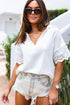 Crinkled Cotton Lace Splicing Collared V Neck Blouse