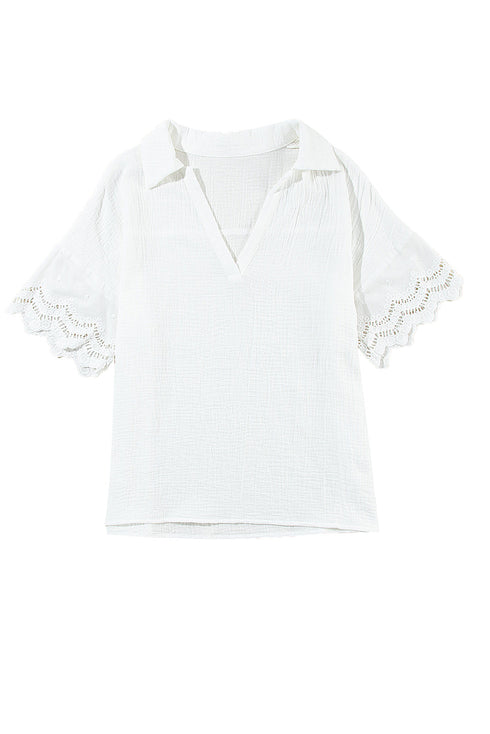 Crinkled Cotton Lace Splicing Collared V Neck Blouse