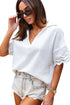 Crinkled Cotton Lace Splicing Collared V Neck Blouse
