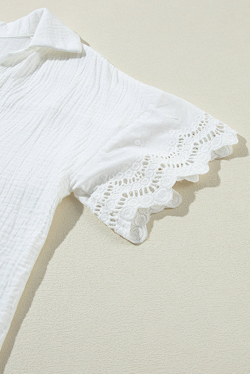 Crinkled Cotton Lace Splicing Collared V Neck Blouse