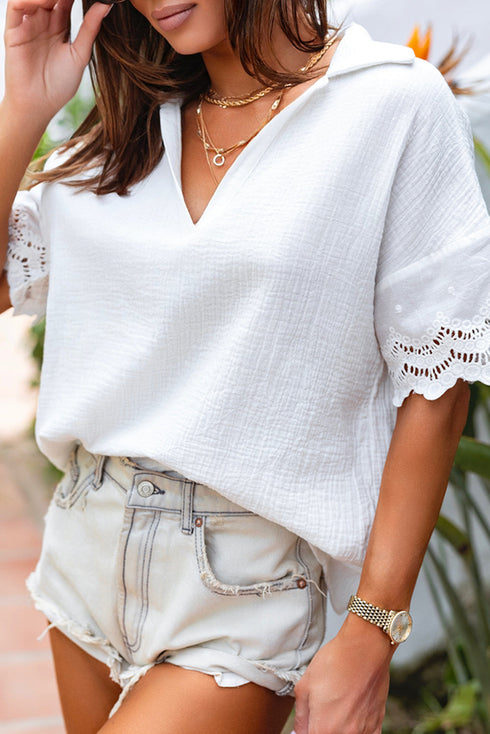 Crinkled Cotton Lace Splicing Collared V Neck Blouse