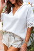 Crinkled Cotton Lace Splicing Collared V Neck Blouse