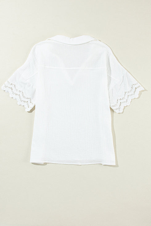 Crinkled Cotton Lace Splicing Collared V Neck Blouse