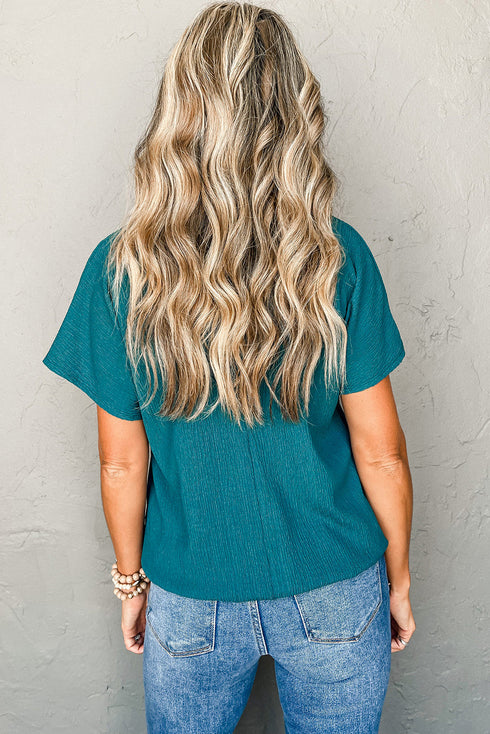 Crinkled Fabric V Neck Wide Sleeve Relaxed T-Shirt