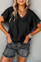 Crinkled Fabric V Neck Wide Sleeve Relaxed T-Shirt