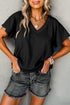 Crinkled Fabric V Neck Wide Sleeve Relaxed T-Shirt