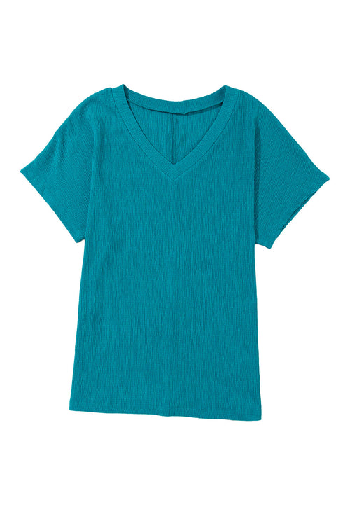 Crinkled Fabric V Neck Wide Sleeve Relaxed T-Shirt