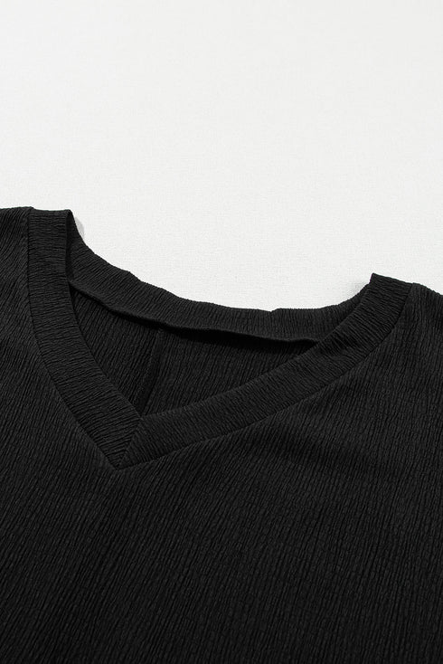 Crinkled Fabric V Neck Wide Sleeve Relaxed T-Shirt