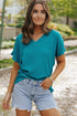 Crinkled Fabric V Neck Wide Sleeve Relaxed T-Shirt