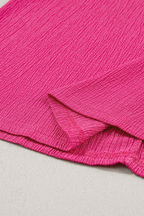 Crinkled Fabric V Neck Wide Sleeve Relaxed T-Shirt