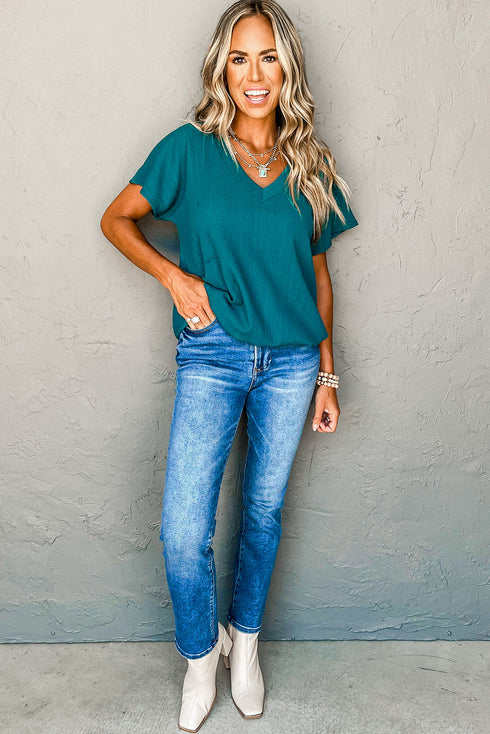 Crinkled Fabric V Neck Wide Sleeve Relaxed T-Shirt