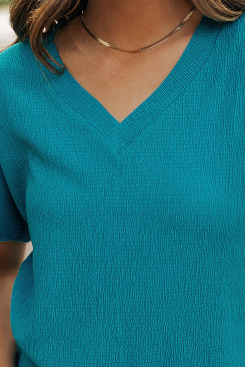 Crinkled Fabric V Neck Wide Sleeve Relaxed T-Shirt