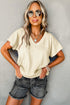 Crinkled Fabric V Neck Wide Sleeve Relaxed T-Shirt