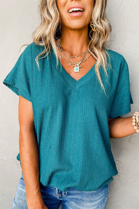 Crinkled Fabric V Neck Wide Sleeve Relaxed T-Shirt